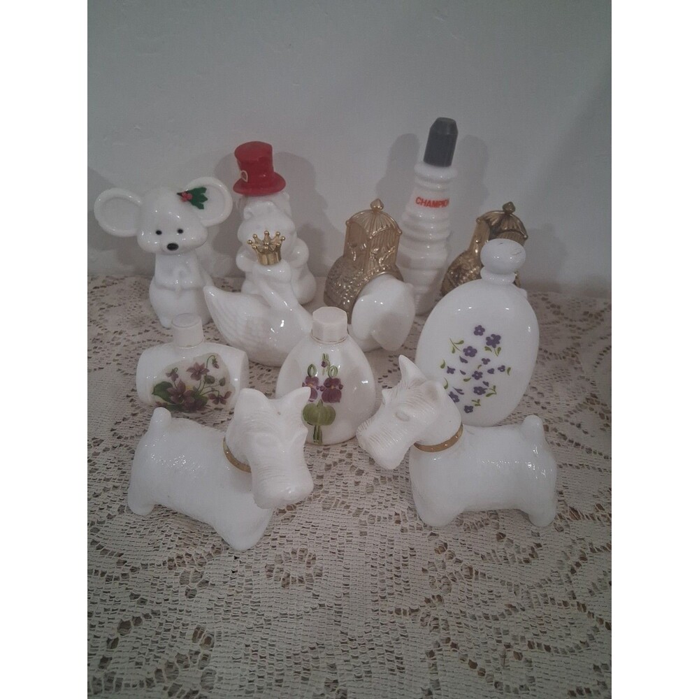 Vtg Lot (11) Empty Perfume Bottles Milk Glass Avon Mouse Hippo Swan Elephant Dog